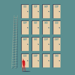 Man standing in front of doors with human personality types. Myers-Briggs test conceptual illustration.
