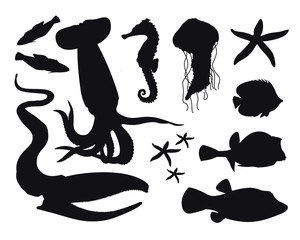 black and white set of marine life: puffer fish, butterfly fish, eel, starfish, squid, jellyfish, seahorse. modern flat vector illustration