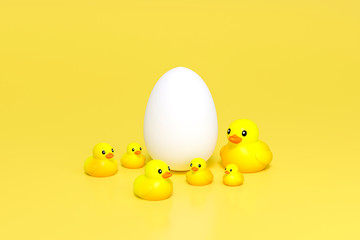 Outstanding White egg among yellow little duck doll, yellow rubber duck doll, duck bath toy, baby...