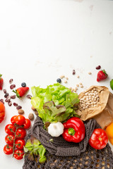 Shopping bag with healthy food top view