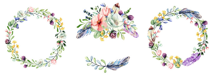 Set wreaths, watercolor painting, floral frame with flowers, feathers. Perfectly for printing design on birthday invitations, cards and other. Isolated on white. 