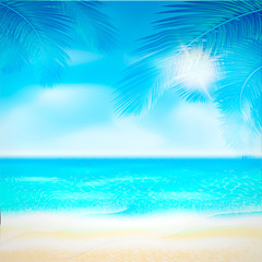 Obraz na płótnie Canvas Summer Background. Nature green palm leaf on Tropical beach with yellow sand, blue ocean and sky. Bokeh sun light wawe. Vacation or paradise business travel concept. Waves and sunlight.