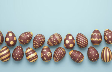 Chocolate easter eggs with gold pattern on a blue background. 3d render illustration.