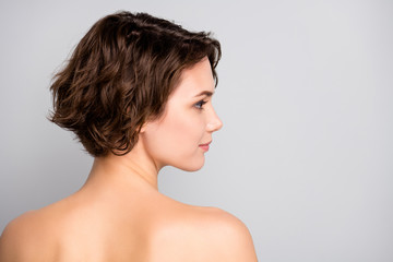 Closeup profile rear behind view photo of attractive beautiful naked lady bob short hairstyle look...
