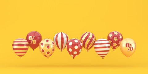 For advertising. Red balloons decorated with gold on a yellow background. 3d render illustration.