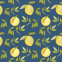 Seamless lemon pattern with leaves on dark blue background