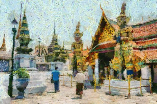 The Phra Kaew Temple Bangkok Thailand Illustrations creates an impressionist style of painting.