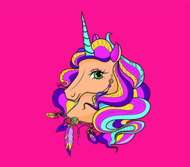 Cute stylish Unicorn with rainbow hair vector illustration for children design. Sweet fantasy character for t-shirts and cards.
