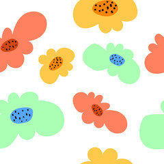 Seamless pattern of cute hand drawn abstract color  flowers. Flat vector illustration.