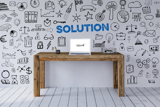 Lösung und Solution Konzept mit Schreibtisch