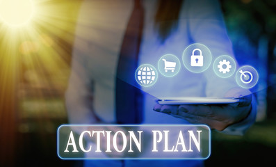 Word writing text Action Plan. Business photo showcasing detailed plan outlining actions needed to...