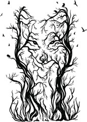 Negative space wolf (fox, dog) with forest background. Animal made from branches. Black and white illustration