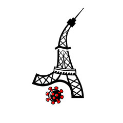 Paris Tower kicking off cell of coronavirus covid-19. Vector symbol of fighting against coronavirus in France.