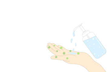 Vector - A bottle blue liquid soap or alcohol gel to washing hand with many bacteria or virus. Cleaning hygiene, healthcare concept. Coy space for any text design.
