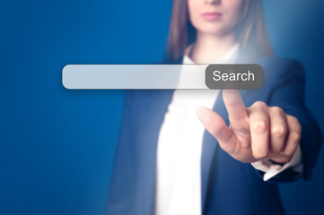 Businesswoman using search bar on virtual screen, closeup