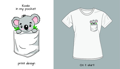 Koala`s baby in t shirt pocket. Funny animals in my pocket design