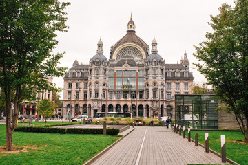 exterior view of the main train station in Antwerp, Belgium.