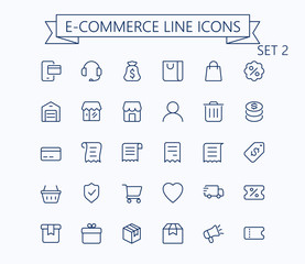 Fototapeta na wymiar Shopping and e-commerce vector outline mini line icons set. 24x24 px. Pixel Perfect. Editable stroke.