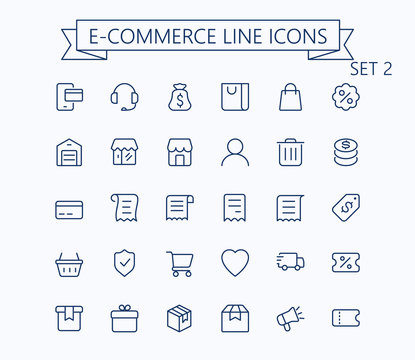 Shopping and e-commerce vector outline mini line icons set.  24x24 px. Pixel Perfect. Editable stroke.