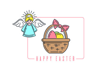 Easter line logo icon with angel and basket with easter eggs. Vector illustration