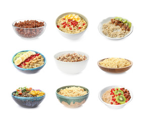 Set of different healthy dishes with quinoa on white background