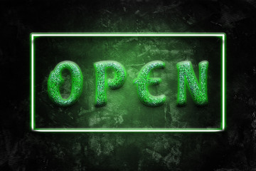 Open Sign Green Neon Light On Black Concrete Wall, 3D illustration