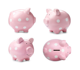 Set with pink piggy bank on white background