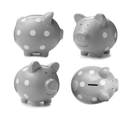 Set with grey piggy bank on white background