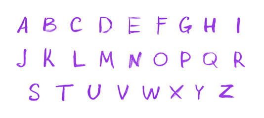 Alphabet letters written with colourful lipstick chalk pencil paint purple isolated on white background