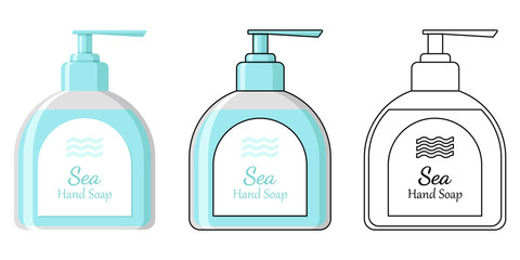 Blue liquid hand soap flat vector illustration. Set of three illustrations in different styles.