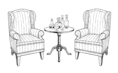 .Two soft chairs, coffee table, two wine glasses  and  decanters with alcoholic beverages.. Hand-drawn vector illustration in vintage style. Isolated interior elements. Sketch.