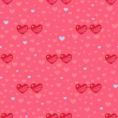 Seamless vector pattern with  pink heart shaped glasses and pink and blue hearts.