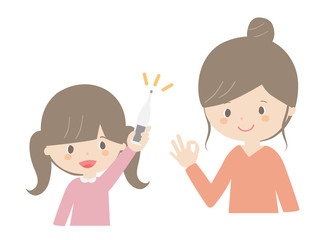Girl showing thermometer to mother.