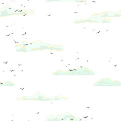 Obraz premium Seamless pattern with clouds and black birds on a white background. Vector texture in blue, pink, white, black and yellow. Print for textiles, fabrics, backgrounds, accessories, wrapping paper, wallpa