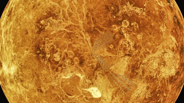 Exploring planet Venus in high resolution show exteme detailed surface with volcanoes, mountains and lava plains .Element of this animation provided by NASA's Goddard Space Flight Center/SDO
