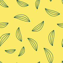 Fototapeta na wymiar Seamless pattern with leaves, stones, flowers, batterfly, grass. Yellow elements at grey. Cute and funny. For children textile, scrapbooking, wallpaper and wrapping paper. Spring and summer ornament.