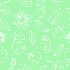 Seamless pattern with leaves, stones, flowers, batterfly, grass. White elements at green. Cute and funny. For children textile, scrapbooking, wallpaper and wrapping paper. Spring and summer ornament.