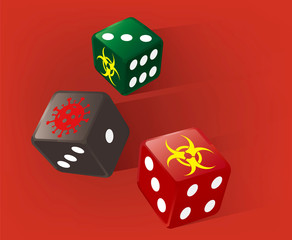 Casino Dice with biohazard and coronavirus symbols.
Illustration of three colorful dices on red background. Concept symbolizes the risk of dangerous political decision  during a pandemic. 