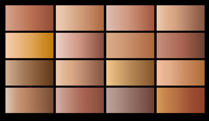 Gold rose, bronze and copper pattern set isolated on black background. Vector golden brown gradient collection.
