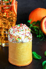 easter cake  traditional holiday composition happy easter, menu concept. food background. top view. copy space for text