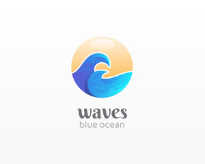 Waves logo. Abstract colorful wave with sun icon.