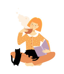Pretty young woman reading book and drinking tea or coffee with cats. Cozy and comfortable artistic vector drawing of relaxation and study peaceful everyday life.