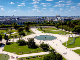 Louvre Palace Museum and green garden with fountain in Paris, view from above