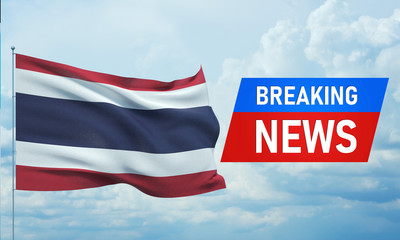 Breaking news. World news with backgorund waving national flag of Thailand. 3D illustration.