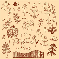Set of folk flowers and trees. Doodle hand-draw illustrations in vector. Design for background, packaging, weddings, fabrics, textiles, wallpaper, website, postcards.