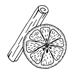 Single hand drawn Christmas orange with cinnamon. Doodle vector illustration for greeting cards, posters, wallpaper, postcards, stickers and seasonal design.