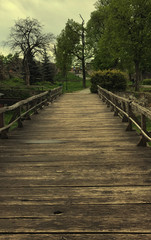Old wooden bridge in old park, natural vintage background. Toned image.