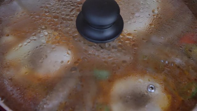 Close up shot of cooking sausages and eggs, 4k