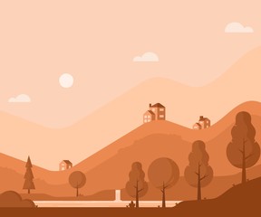 forest view with hills and housees background - vector illustration