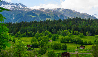 Fototapeta na wymiar Mountain range. Beautiful view of alpine meadows in the Swiss mountains. Pastures, meadows on the slopes and snow-capped mountains.